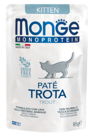 Monge Cat Mono Paté Kitten (форель), 85 г х 28 шт. в зоомагазине Лепшы Сябар