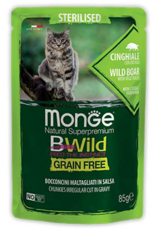 Monge BWild GF Sterilised Cat (кабан, овощи), 85 г х 24 шт. в зоомагазине Лепшы Сябар